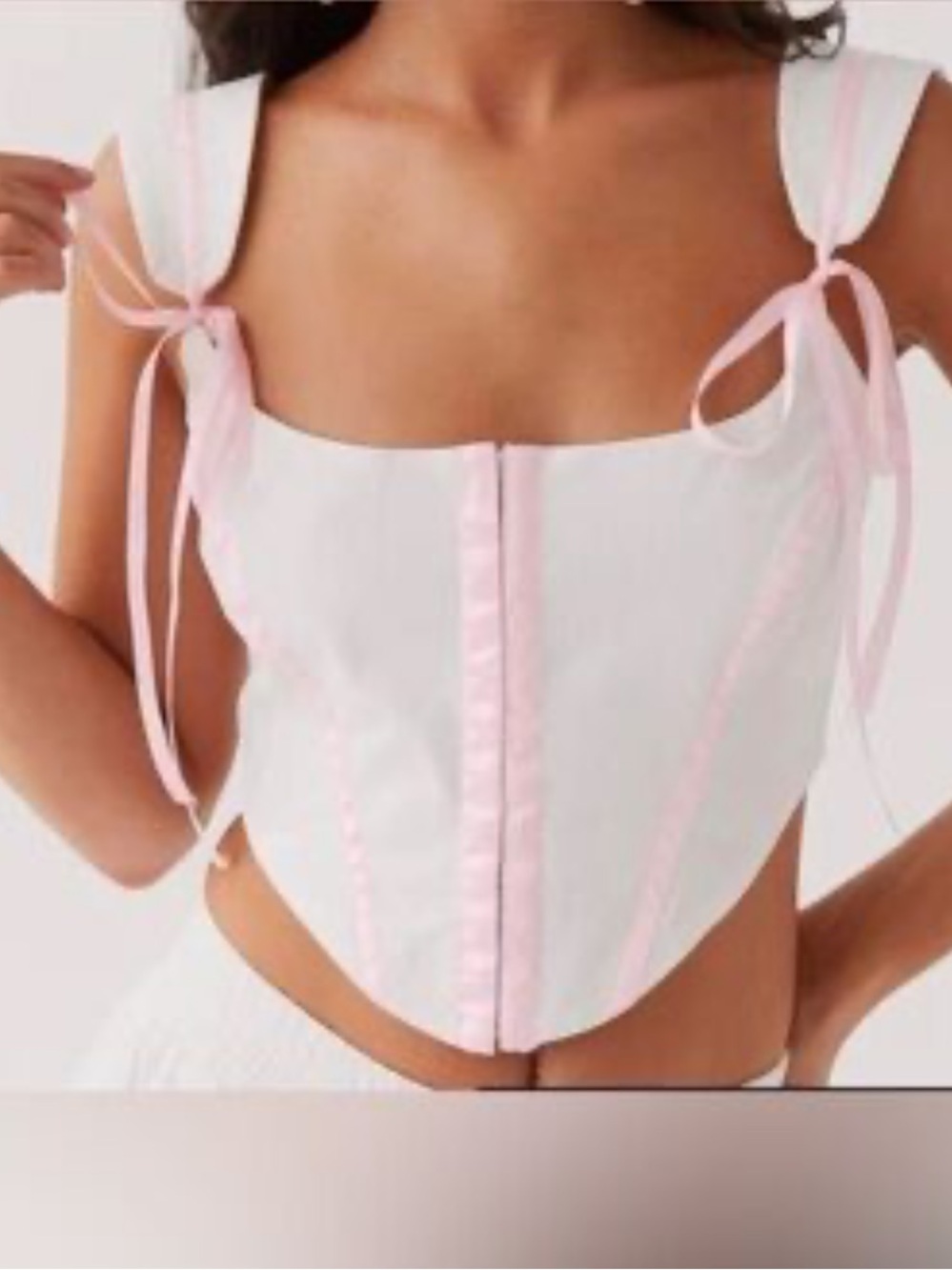 Peppermayo White Corset Top with Pink Ribbon Trim